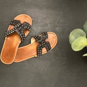 ShuShop Brie Black Studded Leather Slip-on Cage Sandals